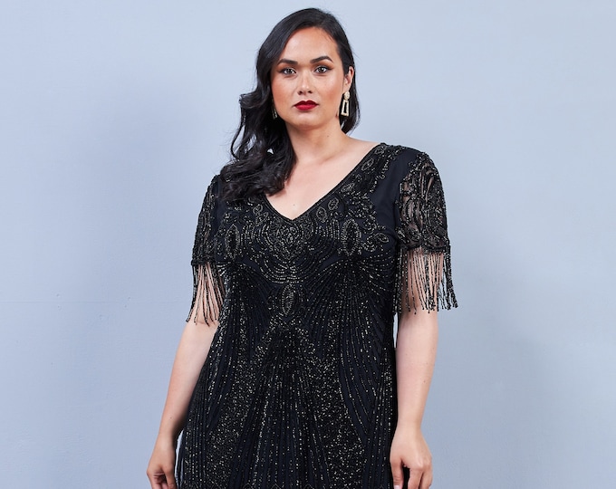 Plus Size US24 UK28 AUS28 EU56 Marta Black with Fringe Sleeves Inspired 1920s Flapper Great Gatsby Art Deco Bridesmaid Wedding Guest Dress
