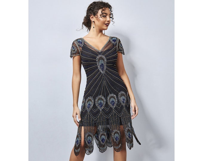 US14 UK18 AUS18 EU46 Amelia Peacock Flapper Dress Black Multi Wedding guest Bridesmaids 1920s inspired Great Gatsby Art Deco Charleston