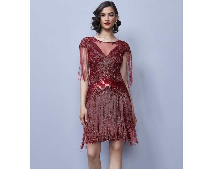 Sybil Red Flapper Fringe Dress Jazz age 1920s Vintage inspired Great Gatsby Art Deco Charleston Bridesmaid Wedding guest Speakeasy Swing