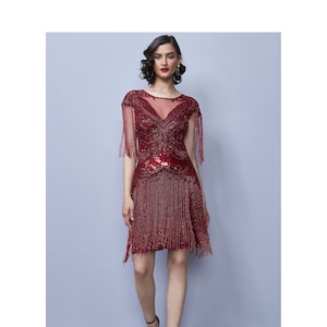 Vestido de franjas vermelho Sybil Flapper, estilo jazz, década de 1920, inspiração vintage, O Grande Gatsby, Art Déco, Charleston, madrinha, convidada de casamento, bar clandestino