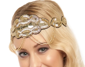 Black Gold Great Gatsby Flapper Headband Vintage inspired 1920s vibe Beaded Charleston Downton Abbey Sequin Mod Art Deco Black New Hand Made