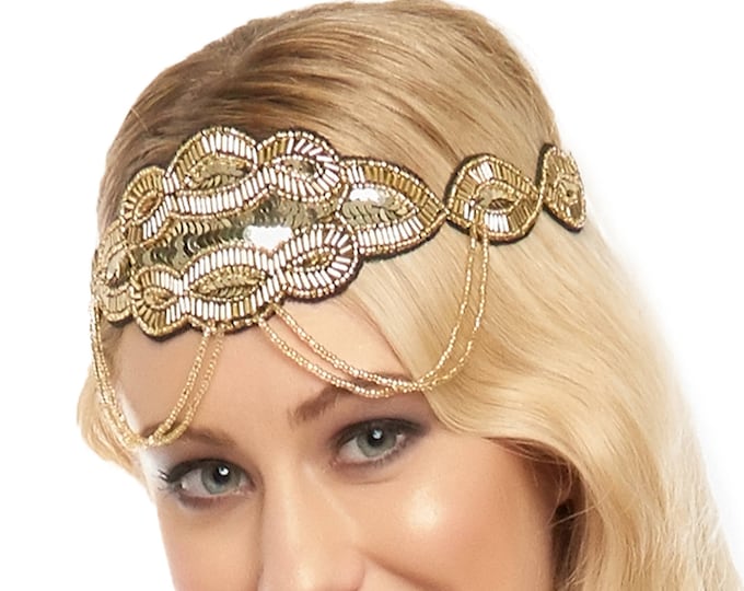 Black Gold Great Gatsby Flapper Headband Vintage inspired 1920s vibe Beaded Charleston Downton Abbey Sequin Mod Art Deco Black New Hand Made