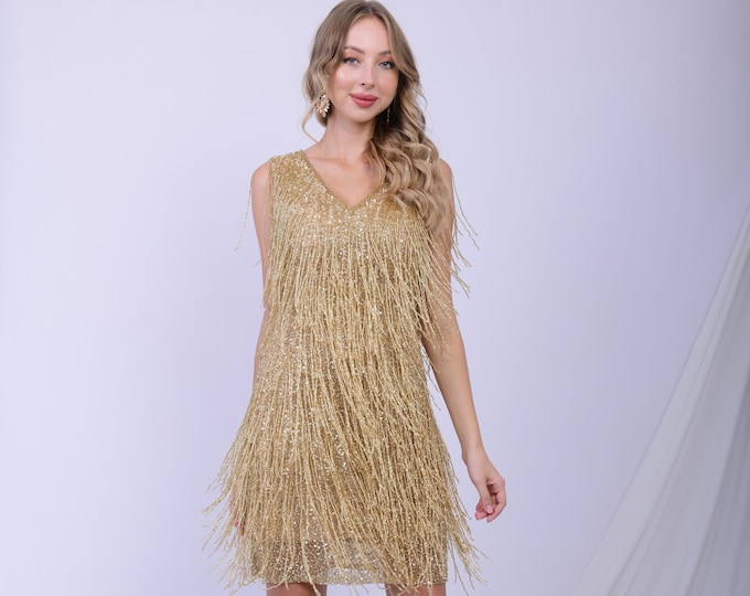 Limited Edition Flapper Gold Fringe Dress Cocktail 1920s Vintage inspired Great Gatsby Art Deco Bridesmaid Wedding guest Party Bridal Shower