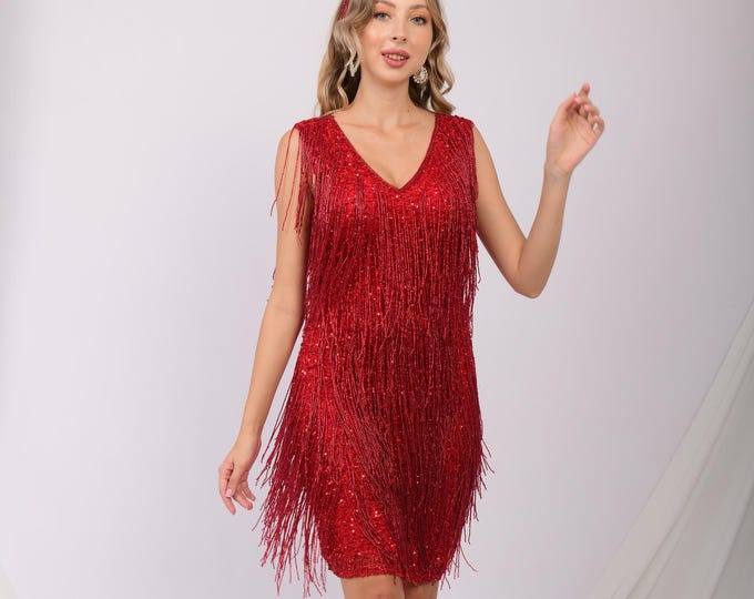 Size US16 UK20 AUS20 EU48 Flapper Red Fringe Dress Cocktail 1920s Vintage inspired Great Gatsby Art Deco Bridesmaid Wedding Party Bridal