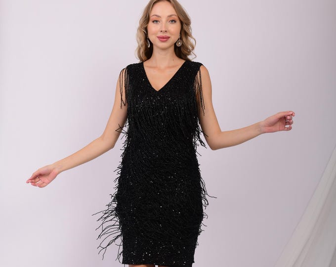 Limited Edition Flapper Black Fringe Dress Cocktail 1920s Vintage inspired Great Gatsby Art Deco Bridesmaid Wedding guest Party Bridal