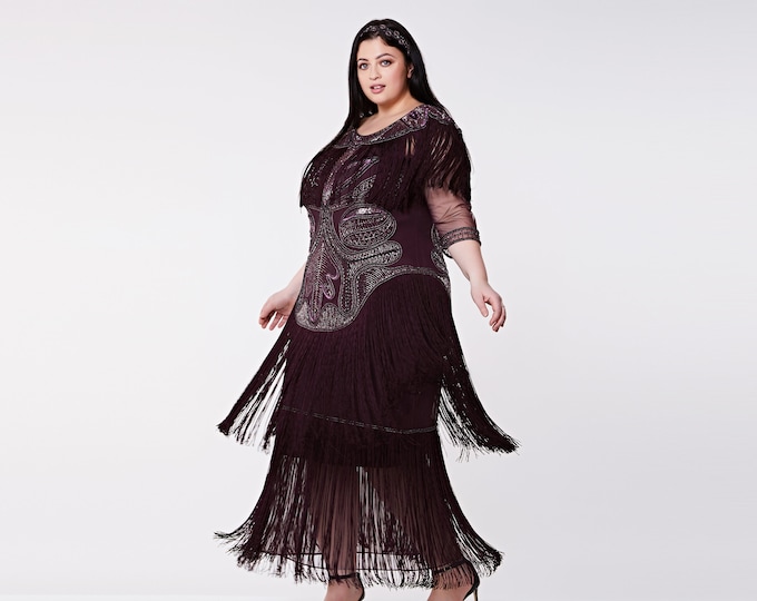 Plus Size Glam Gown Plum Prom Maxi Dress with Sleeves 20s Flapper Great Gatsby Formal Speakeasy Wedding Reception Bridesmaids prom