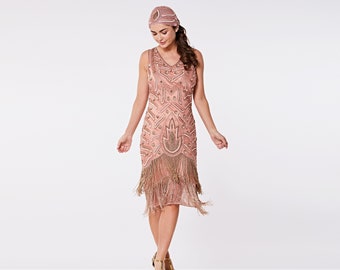 US12 UK16 AUS16 EU44 Hollywood Rose Gold Flapper Fringe Dress with Slip 20s Great Gatsby Art Deco Charleston Bridesmaid Wedding Bridal Jazz