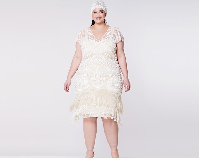 Plus Size Vegas Cream Dress 1920s Great Gatsby Art Deco Downton Abbey Bridesmaid Beach Wedding reception Bridal Shower Rehearsal Dinner