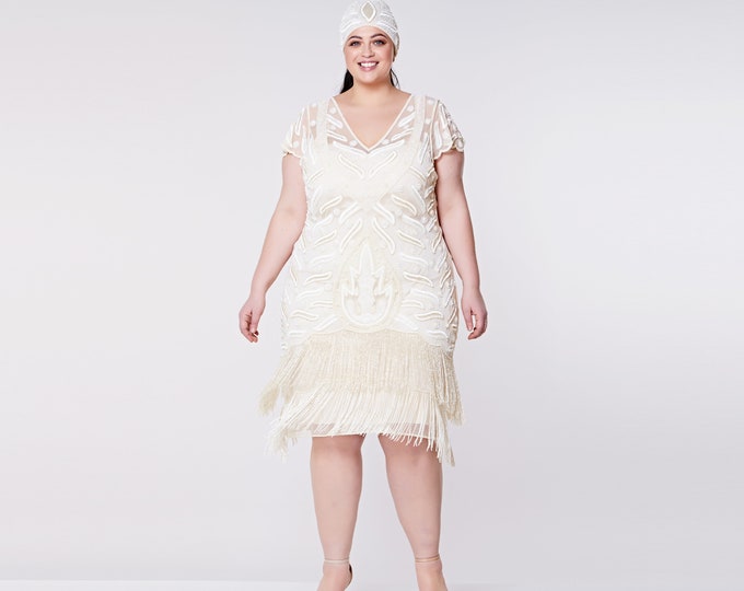 US20 UK24 AUS24 EU52 Plus Size Vegas Cream Flapper Dress 1920s Great Gatsby Downton Abbey Wedding reception Bridal Shower Rehearsal Dinner