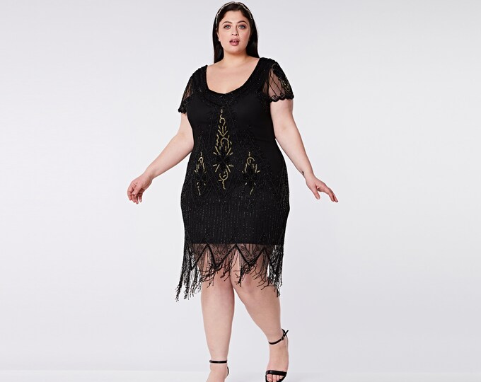 US20 UK24 AUS24 EU52 Plus Size Black Gold Annette 20s Flapper Great Gatsby Downton Abbey Charleston Bridesmaid Wedding Guest Black Tie Dress