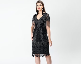 US14 UK18 AUS18 EU46 Marta Black with Fringe Sleeves Vintage 20s Flapper Great Gatsby Art Deco Bridesmaid Wedding Guest Black Tie Jazz Dress