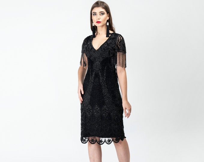 US14 UK18 AUS18 EU46 Marta Black with Fringe Sleeves Vintage 20s Flapper Great Gatsby Art Deco Bridesmaid Wedding Guest Black Tie Jazz Dress