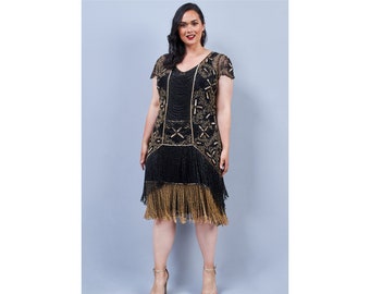 Plus size Edith Black Gold Fringe Flapper Dress Slip Included 20s Great Gatsby Art Deco Charleston Downton Abbey Bridesmaid Wedding