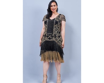 US18 UK22 AUS22 EU50 Hand made Edith Black Gold Fringe Flapper Dress 20s Great Gatsby Art Deco Charleston Downton Abbey Bridesmaid Wedding