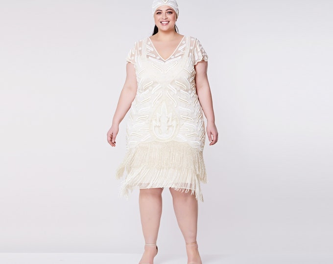 US18 UK22 AUS22 EU50 Plus Size Vegas Cream Flapper Dress 1920s Great Gatsby Bridesmaid Wedding reception Bridal Shower Rehearsal Dinner