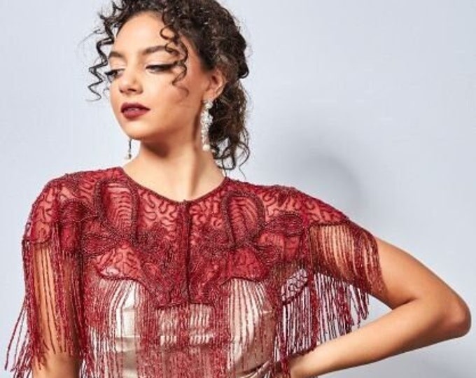 Suzi Embellished Cape in Red 20s inspired Flapper Wedding Prom Jacket Bolero Great Gatsby Art Deco beaded Shrug cape