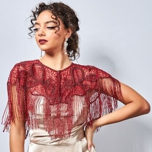 Suzi Embellished Cape in Red 20s inspired Flapper Wedding Prom Jacket Bolero Great Gatsby Art Deco beaded Shrug cape