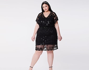 Plus size Black Angel Sleeve Black Tie Dress 20s Flapper Great Gatsby Speakeasy Art Deco Bridesmaids Wedding Retro Jazz age Homecoming
