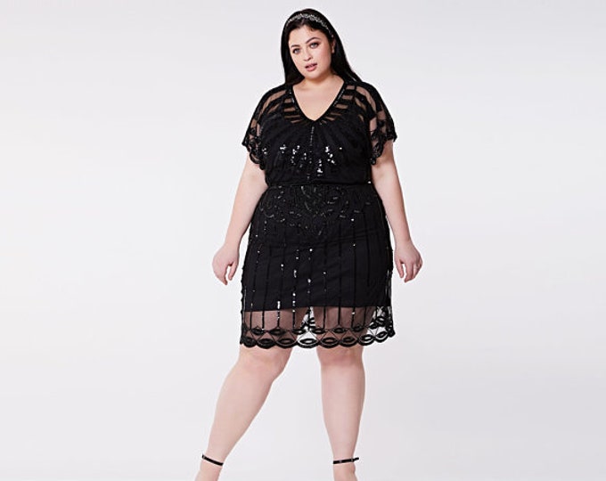 Plus size Black Angel Sleeve Black Tie Dress 20s Flapper Great Gatsby Speakeasy Art Deco Bridesmaids Wedding Retro Jazz age Homecoming