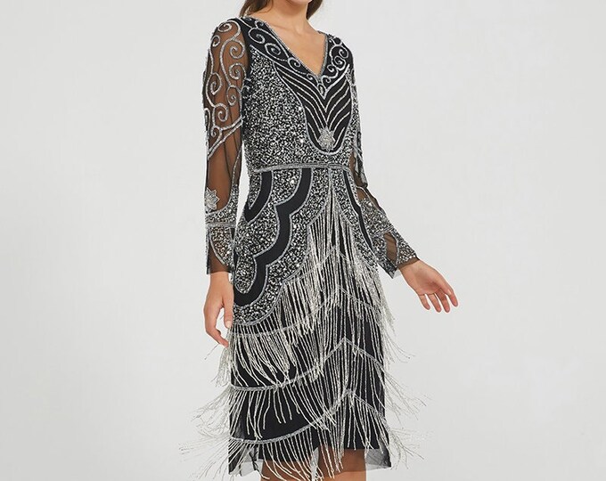 US4 UK8 AUS8 EU36 Vancouver Midi Flapper Dress Black Long Sleeves 20s Great Gatsby Fringe Art Deco Downton Abbey Wedding Guest Charleston