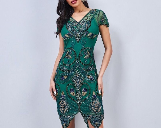 Peacock Flapper Dress in Green with Gold Midi V-Neck Wedding Gown Prom Dress Bridal 1920s Vintage Great Gatsby Art Deco Downton Abbey Bridal