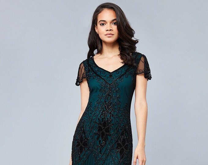 US2 UK6 AUS6 EU34 Black Teal Vintage 1920s Flapper Great Gatsby Downton Art Deco Bridesmaid Wedding Guest Black Tie with Sleeves Dress