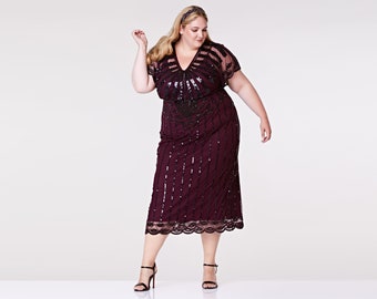 Plus Size Plum Angel Sleeve Prom Maxi Dress 20s Flapper Great Gatsby Charleston Mother of the Bride Speakeasy Art Deco Bridesmaids Wedding