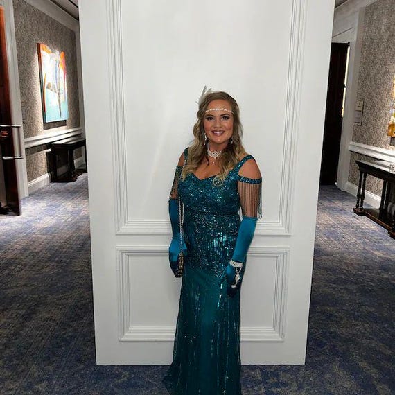 Chloe Teal Tie Open Back Maxi Prom Dress 1920s Great Gatsby Art Deco Downton Abbey Bridesmaid Wedding Reception