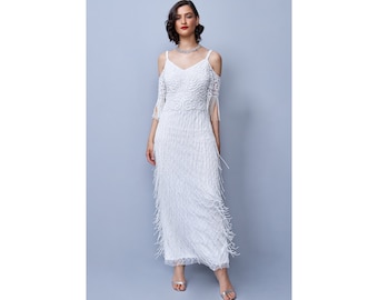 US6 UK10 EU38 AUS10 Daisy White Bridal Gown maxi Fringe Great Gatsby 1920s Vintage Inspired Flapper Art Deco Downton Abbey Bridal shower