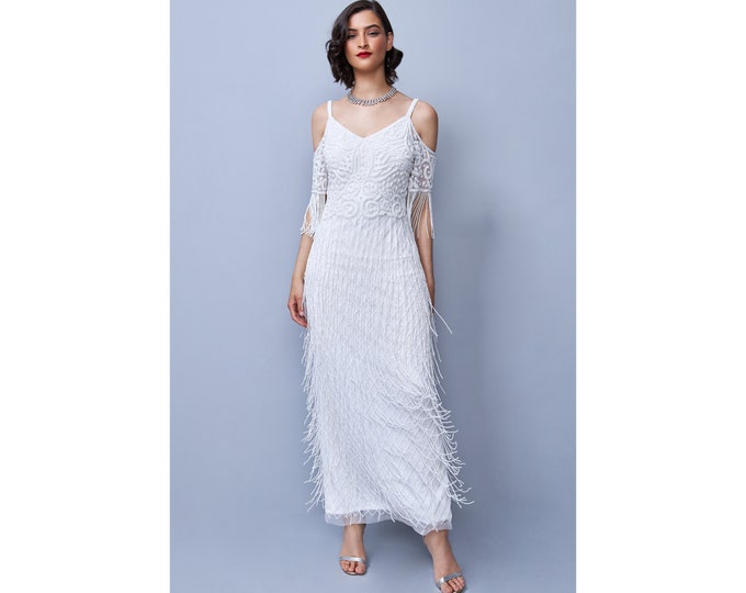 US14 UK18 EU46 AUS18 Daisy White Bridal Gown maxi Fringe Great Gatsby 1920s Vintage Inspired Flapper Art Deco Downton Abbey Bridal shower