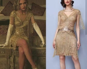 Plus size US16 UK20 EU48 AUS20 As seen on the movie of YOU Sybil Gold Fringe Dress 1920s inspired Great Gatsby Art Deco Bridesmaid Wedding