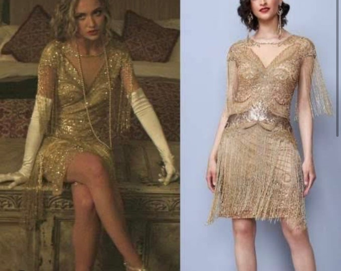 Size US2 UK6 EU34 AUS6 As seen on the movie of YOU Sybil Gold Fringe Dress 1920s inspired Great Gatsby Art Deco Bridesmaid Wedding Jazzage
