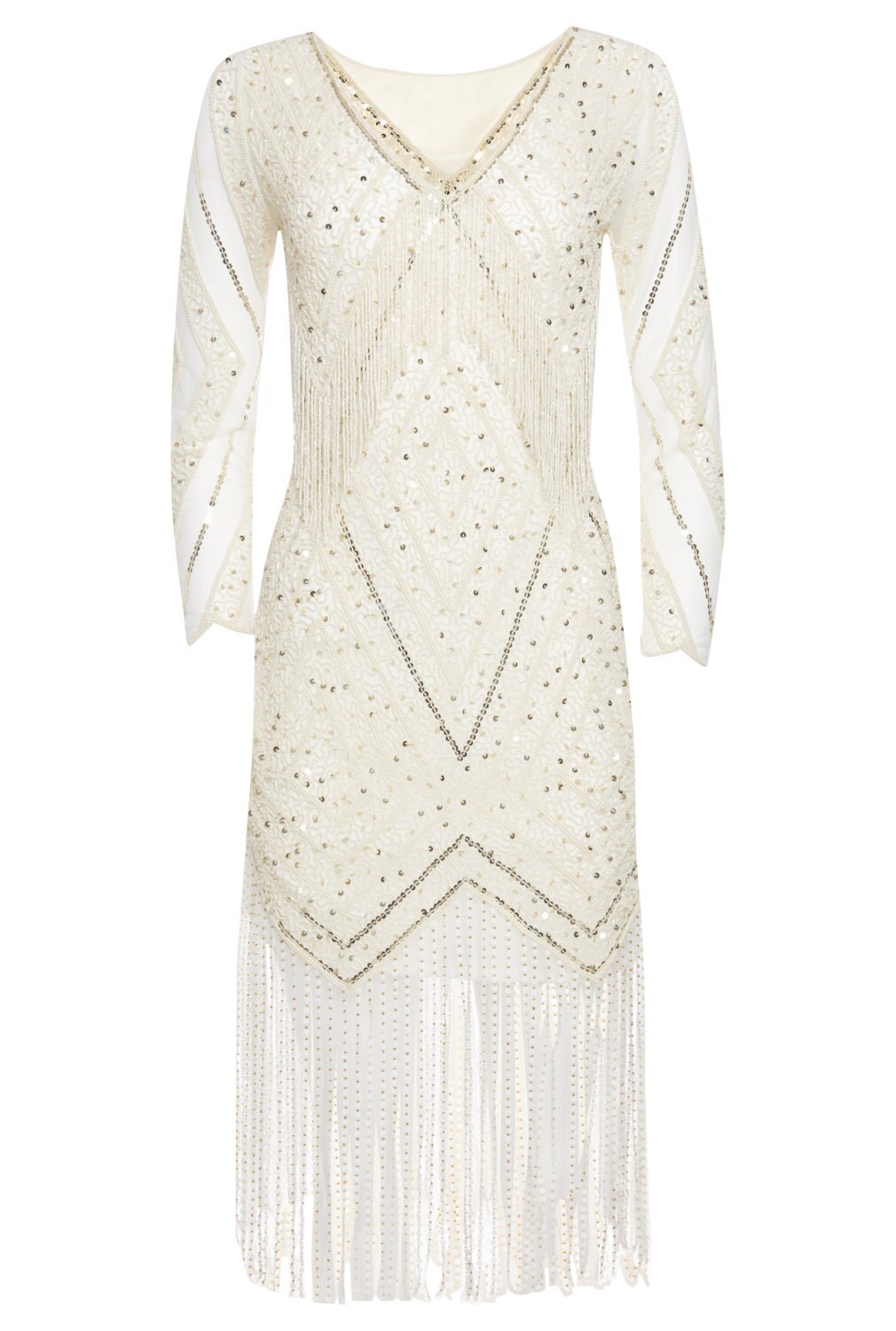 Plus Size Betty Ivory Gold Fringe dress with Sleeves with Slip Etsy