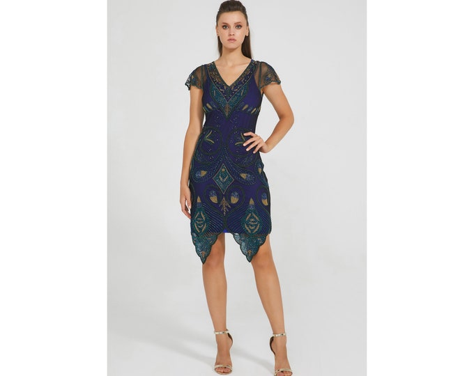 US10 UK14 AUS14 EU42 Peacock Flapper Dress in Navy 1920s Vintage inspired Great Gatsby Art Deco Bridesmaids Wedding Guest Handmade