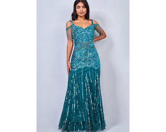 US10 UK14 AUS14 EU42 Chloe Teal tie Open Back Maxi Prom Dress 1920s Great Gatsby Art Deco Downton Abbey Bridesmaid Wedding reception