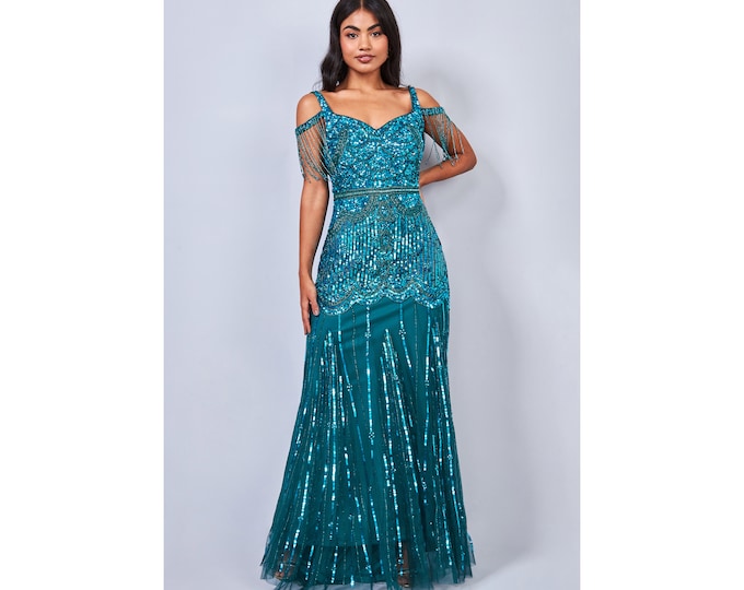 US10 UK14 AUS14 EU42 Chloe Teal tie Open Back Maxi Prom Dress 1920s Great Gatsby Art Deco Downton Abbey Bridesmaid Wedding reception