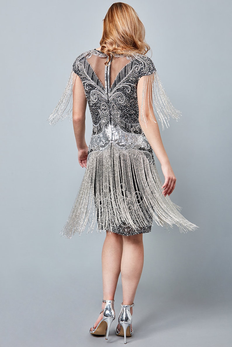 Sybil Black silver Fringe Dress 1920s Vintage inspired Great Gatsby Art Deco Charleston Downton Abbey Bridesmaid Wedding guest Swing image 3