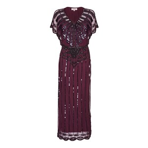 May include: A long, burgundy sequined dress with short sleeves and a V-neckline. The dress is decorated with black sequins and beads in a geometric pattern.