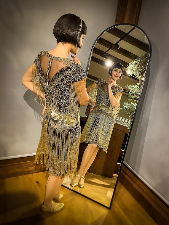 green emerald velvet dress V Neckline Black and Gold Print Swing Dress | Crosena main image 1