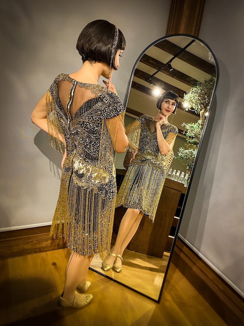 Sybil Black Gold Fringe Cocktail Party Wedding Dress 1920s Vintage ...