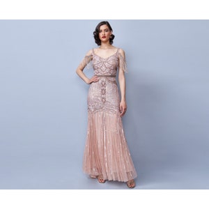 Chloe Blush Gown Open Back Maxi Prom Dress 1920s Great Gatsby Art Deco Flapper Fringe Bohemian Downton Abbey Bridesmaid Wedding reception
