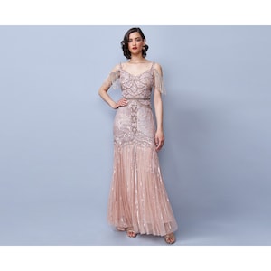 Chloe Blush Gown Open Back Maxi Prom Dress 1920s Great Gatsby Art Deco Flapper Fringe Bohemian Downton Abbey Bridesmaid Wedding reception