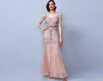 US6 UK10 AUS10 EU38 Chloe Blush Gown Open Back Maxi Prom Dress 1920s Great Gatsby Art Deco Downton Abbey Bridesmaid Wedding reception