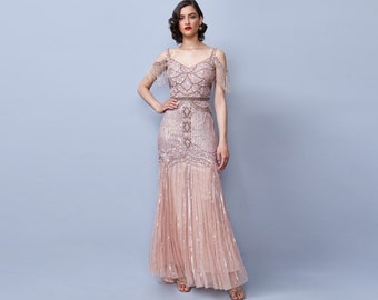 US12 UK16 AUS16 EU44 Chloe Blush Gown Open Back Maxi Prom Dress 1920s Great Gatsby Art Deco Downton Abbey Bridesmaid Wedding reception