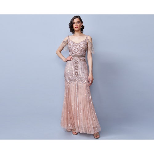 Chloe Blush Gown Open Back Maxi Prom Dress 1920s Great Gatsby Art Deco Flapper Fringe Bohemian Downton Abbey Bridesmaid Wedding Reception