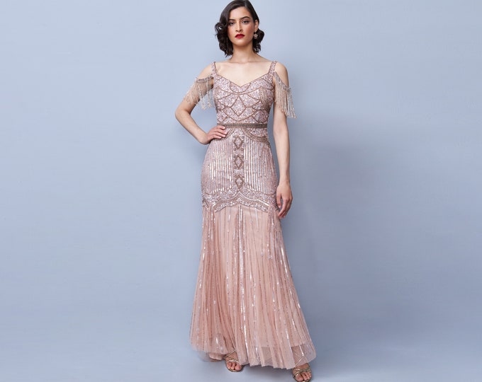 Size US4 Chloe Blush Gown Open Back Maxi Prom Dress 1920s Great Gatsby Art Deco Flapper Fringe Bohemian Bridesmaid Wedding reception