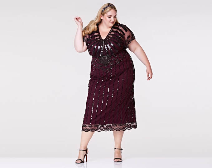 US20 UK24 AUS24 EU52 Plum Angel Sleeve Prom Maxi Dress 20s Flapper Great Gatsby Mother of the Bride Speakeasy Art Deco Bridesmaids Wedding