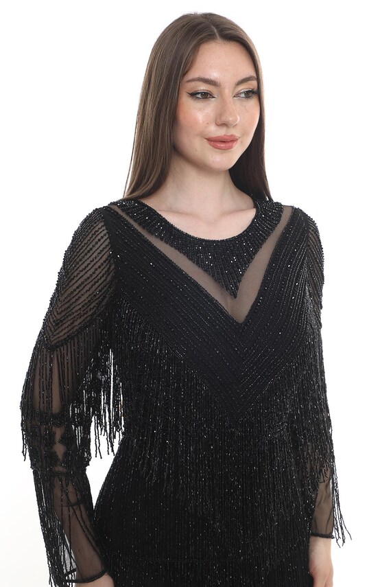 Black Tie Flapper Dress Long Sleeves 1920s Great Gatsby Fringe Art
