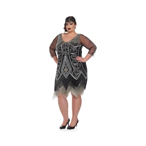 Plus Size Scarlet Black silver Flapper Dress with sleeves Slip Included 20s Vintage inspired Great Gatsby Art Deco Charleston DowntonAbbey