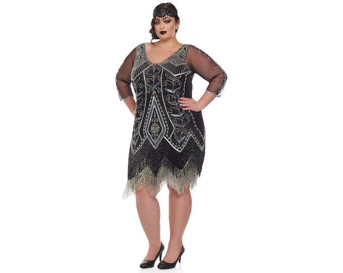 Plus Size Scarlet Black silver Flapper Dress with sleeves Slip Included 20s Vintage inspired Great Gatsby Art Deco Charleston DowntonAbbey
